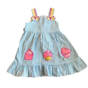 Emily Rose Girls Turquoise Gingham Cupcake Embroidered Dress 3T Summer Spring